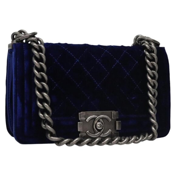 CHANEL Chain Boy Chanel Shoulder Bag Velor Blue CC Auth 113273 - Picture 1 of 16